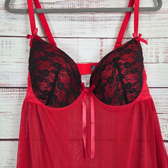 Red Babydoll Sheer Lace Slip 2XL Push Up Bra Lingerie Intimates Romantic Lounge - Picture 4 of 12